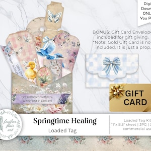 Puede incluir: Un kit de etiquetas cargadas para descargar digitalmente con un tema primaveral. El kit incluye etiquetas con diseños florales y de mariposas, un sobre para tarjetas de regalo y un accesorio de tarjeta de regalo dorado. El texto dice "Springtime Healing".
