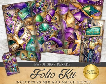 May include: A digital scrapbook kit with 25 mix and match pieces featuring Mardi Gras themed images. The images include a purple, gold, and green mask, a woman in a purple hat, and a sign that says "Mardi Gras".