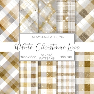 Puede incluir: Diez patrones sin costuras en blanco, dorado y gris. Los diseños presentan cuadros, purpurina y diseños abstractos. El texto dice "White Christmas Luxe" y "Seamless Patterns". Dimensiones de la imagen: 3600x3600 píxeles.
