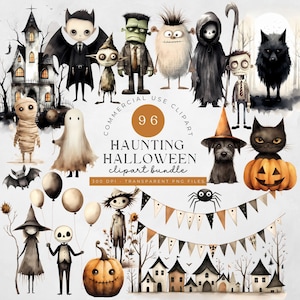 Aquarelle Happy Halloween Collection Clipart, 50 cliparts Halloween PNG, citrouille d'Halloween, sorcière, fantôme, araignée, chat d'Halloween, usage Commercial
