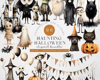 May include: A set of 96 Halloween clipart images featuring a variety of spooky characters, including ghosts, monsters, witches, and pumpkins. The images are in a watercolor style and are perfect for creating Halloween crafts, decorations, and invitations.