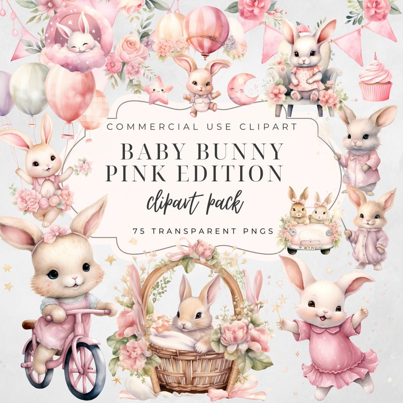 75 Cute Pink Watercolor Bunny Clipart Bundle Baby Shower Baby Bunny ...