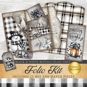 Diario tascabile natalizio a quadri Buffalo in bianco e nero, modello tartan, tascabile a tre ante, effimera, kit di scrapbooking, carta stampabile JPG