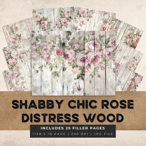 Distress White Wood Junk Journal paper, Rustic Floral Pages Wooden Texture, background, Vintage Ephemera Pink Roses, shabby chic, US letter