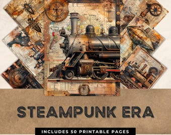 Vintage Steampunk Junk Journal Pages: Printable Locomotive Collage (JPG Digital Download)