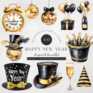 Clipart aquarelle noir et or nouvel an Happy New Year 2025 Celebration Party graphiques, feux d'artifice, invitation à la fête du Nouvel An