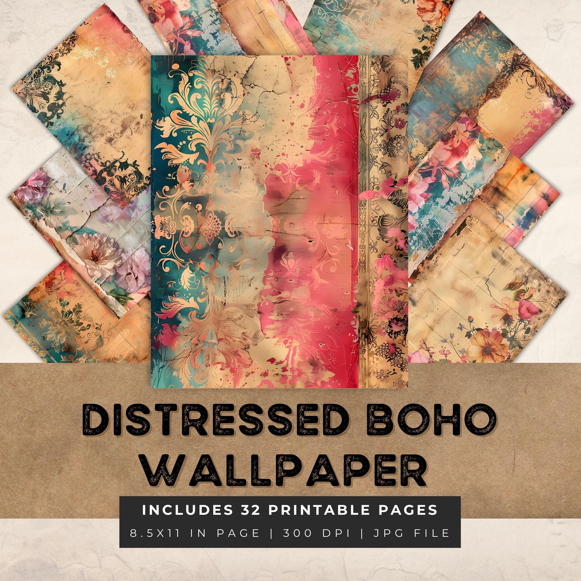 Distressed Boho Junk Journal Papers, 8.5x11 inch, Vintage Bohemian Pages, floral flower Printable, Scrapbooking, Art Journaling, grunge, old