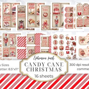 Weihnachten Junk Journal Kit - Pfefferminz Zuckerstange Digitales Scrapbook Papier - Druckbare Ephemera für die Kartenherstellung, Mixed Media Crafts