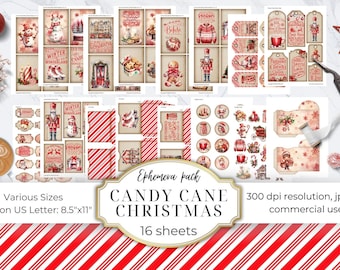 Christmas Junk Journal Kit - Peppermint Candy Cane Digital Scrapbook Paper - Printable Ephemera for Card Making, Mixed Media Crafts
