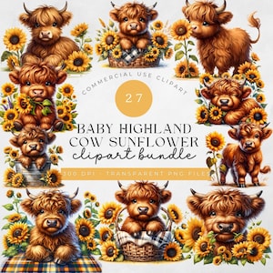 Watercolor Sunflower Highland Cows Collection Clipart, PNG Spring Flowers Clipart, Baby Animal, Baby Cow Clipart Bundle, Commercial Use