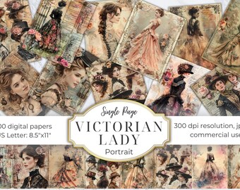 May include: A digital paper pack featuring 100 Victorian lady portraits in various poses and settings. The images are in a vintage style with a distressed, faded look. The paper pack is perfect for scrapbooking, card making, and other crafting projects.