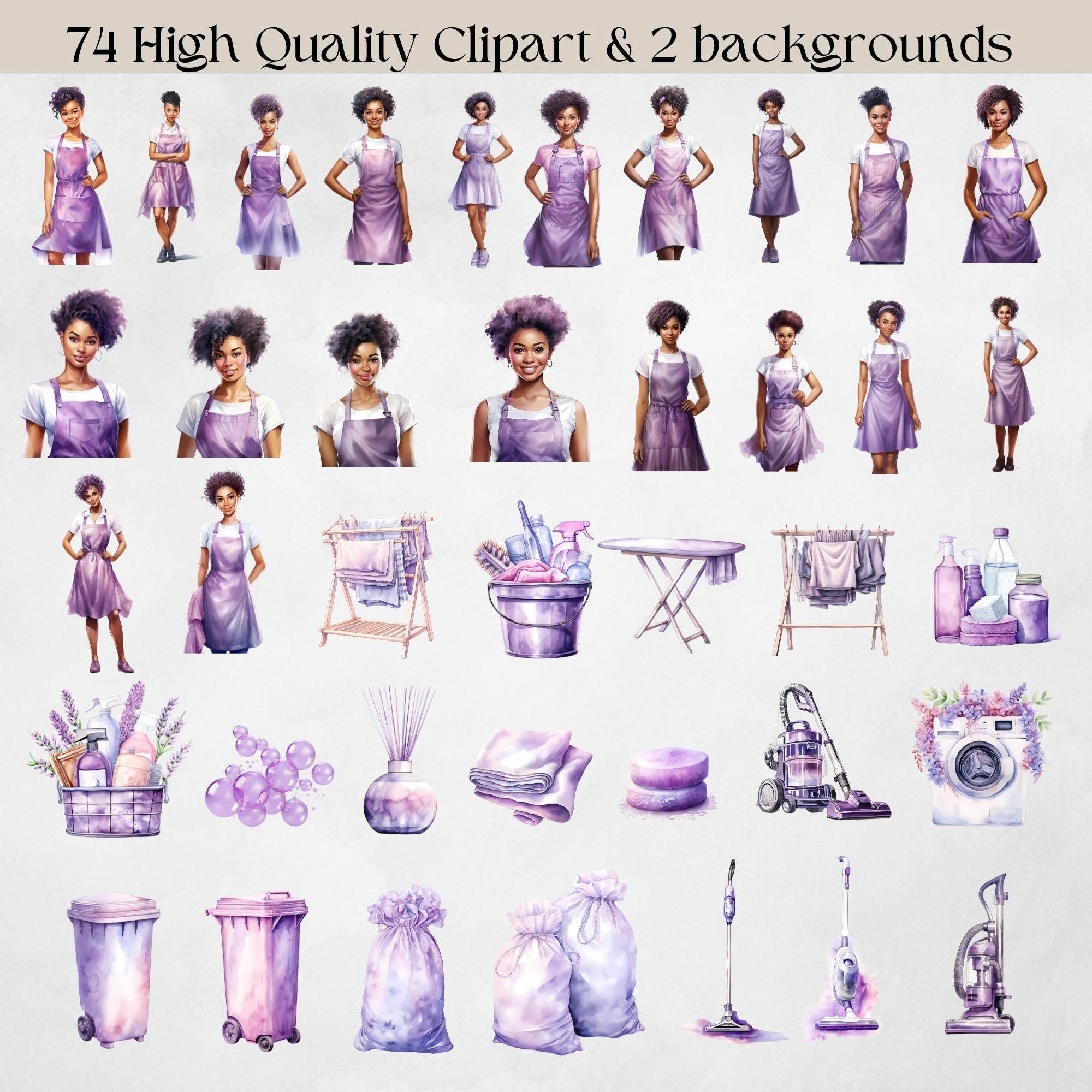 74 Housekeeping Black Lady Clipart Bundle Watercolor Cleaning Supplies ...