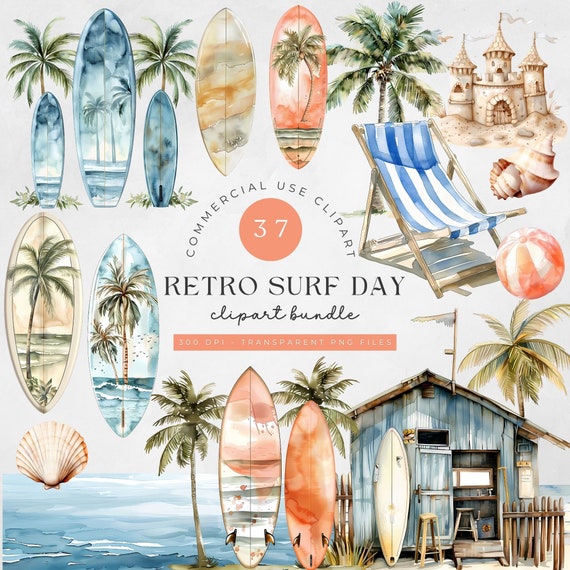 Watercolor Surfboard Clipart Bundle: Beach Summer Graphics (PNG, Commercial Use)