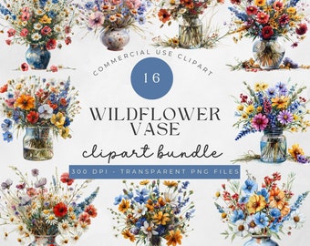 Vase of Flowers Clipart bundle | 16 High Quality PNG | Card Making, Mixed Media, Digital Paper Craft, scrapbook, junk journal | wildflower