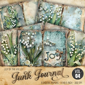 Lily of the Valley Junk Journal Kit, Lily of the Valley Junk Journal Papers, 6 Digital Journal Pages, Shabby Chic Printable Ephemera