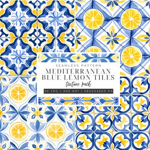 Imágenes prediseñadas de limón acuarela, patrón sin costuras de azulejos mediterráneos, imágenes prediseñadas de verano, imágenes prediseñadas de aceitunas, corona de limón, azulejo blanco azul, imágenes prediseñadas de boda