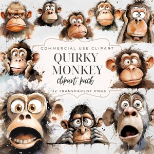 32 imágenes prediseñadas de monos extravagantes / Paquete de imágenes prediseñadas de caras divertidas de monos / PNG de alta calidad de 300 DPI / Uso comercial / Animal de safari / Imágenes prediseñadas de monos