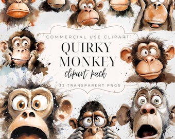32 Funny Monkey Faces Clipart: Quirky Safari Animal PNG Bundle