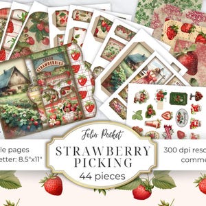 Strawberry Junk Journal Folio Printable, 12 Printable Pocket Ephemera, Strawberry Junk Journal Kit Extras, Ephemera Cards, Digital Collage