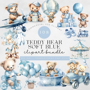 Watercolor Blue Teddy Bear Clipart | Baby Shower for a boy | 108 Transparent PNGs clipart | Instant Digital Download Commercial use