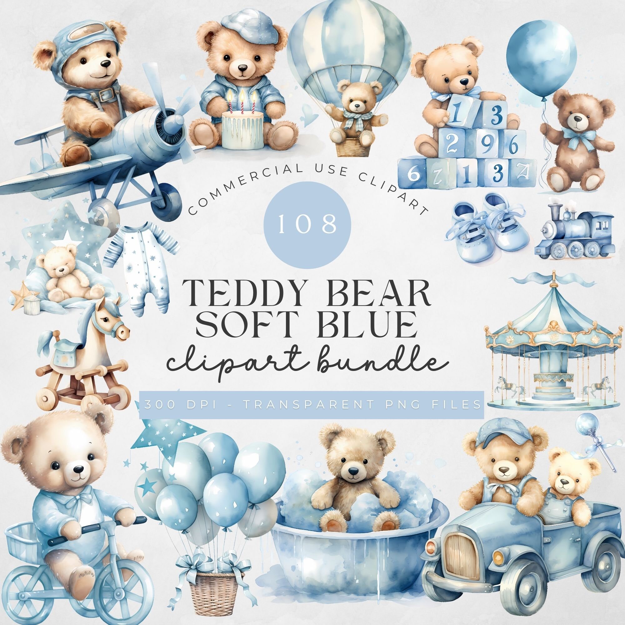 Watercolor Blue Teddy Bear Clipart Baby Shower for a Boy 108 ...