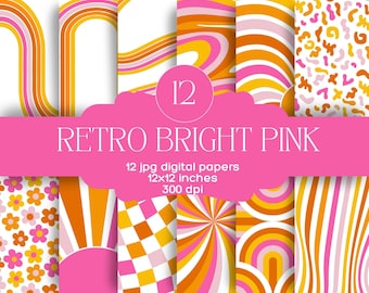 May include: A set of 12 digital papers featuring retro-inspired patterns in pink, orange, and white. The papers are 12x12 inches and 300 dpi.