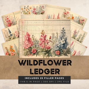 Páginas de diario basura de libro mayor floral de flores silvestres, papel digital de flores, ramo de scrapbooking, páginas en mal estado, flores, libro antiguo imprimible, carta de EE. UU.