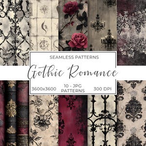 May include: A collection of seamless patterns with a Gothic Romance theme. The patterns include roses, chandeliers, and ornate designs in shades of black, red, and cream. The image also includes the text "Seamless Patterns" and "Gothic Romance".