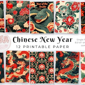 Papel digital de ano novo chinês, diário de lixo, imprimível, download digital, suprimentos para scrapbook, itens efêmeros, plano de fundo, suprimentos para artesanato, cobra