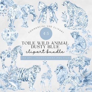 Bundle de cliparts toile Safari bleu poussiéreux, toile de Jouy pour baby shower, aquarelle chinoiserie animaux de la jungle, animal sauvage PNG, graphique animalier