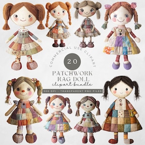 Pacote de clipart de boneca de pano Bonecas fofas Diário de lixo Cartão Fazendo Imagens PNG transparentes de alta qualidade de 300 dpi Uso comercial Clip Art scrapbooking