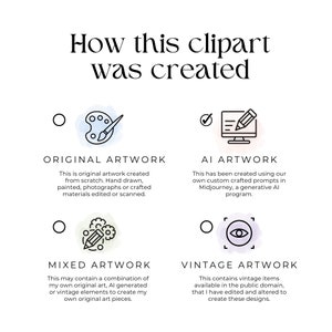 May include: A graphic illustration showing four different ways clipart can be created: original artwork, AI artwork, mixed artwork, and vintage artwork. Each style is represented by a simple icon and a brief description.