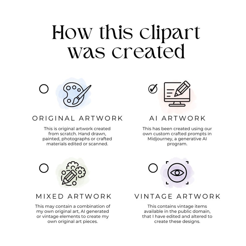 May include: A graphic illustration showing four different ways clipart can be created: original artwork, AI artwork, mixed artwork, and vintage artwork. Each style is represented by a simple icon and a brief description.