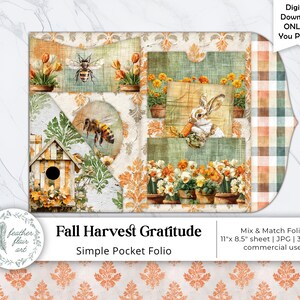 May include: A digital download folio with a fall harvest theme. The design features illustrations of bees, a rabbit, flowers, and a birdhouse. The text reads "Fall Harvest Gratitude" and "Simple Pocket Folio". The folio is 11" x 8.5" and is for commercial use.