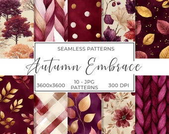 Burgundy Gold Fall digital paper pack, Autumn Cozy Season, Sweater Weather, knit texture, fall leaves, plaid, Seamless Pattern Collection