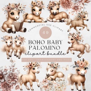 Pacote de clipart de cavalo palomino, floral neutro, PNG, animal fofo, arte de berçário, chá de bebê, impressão em tecido, sublimação, costura, flor boho