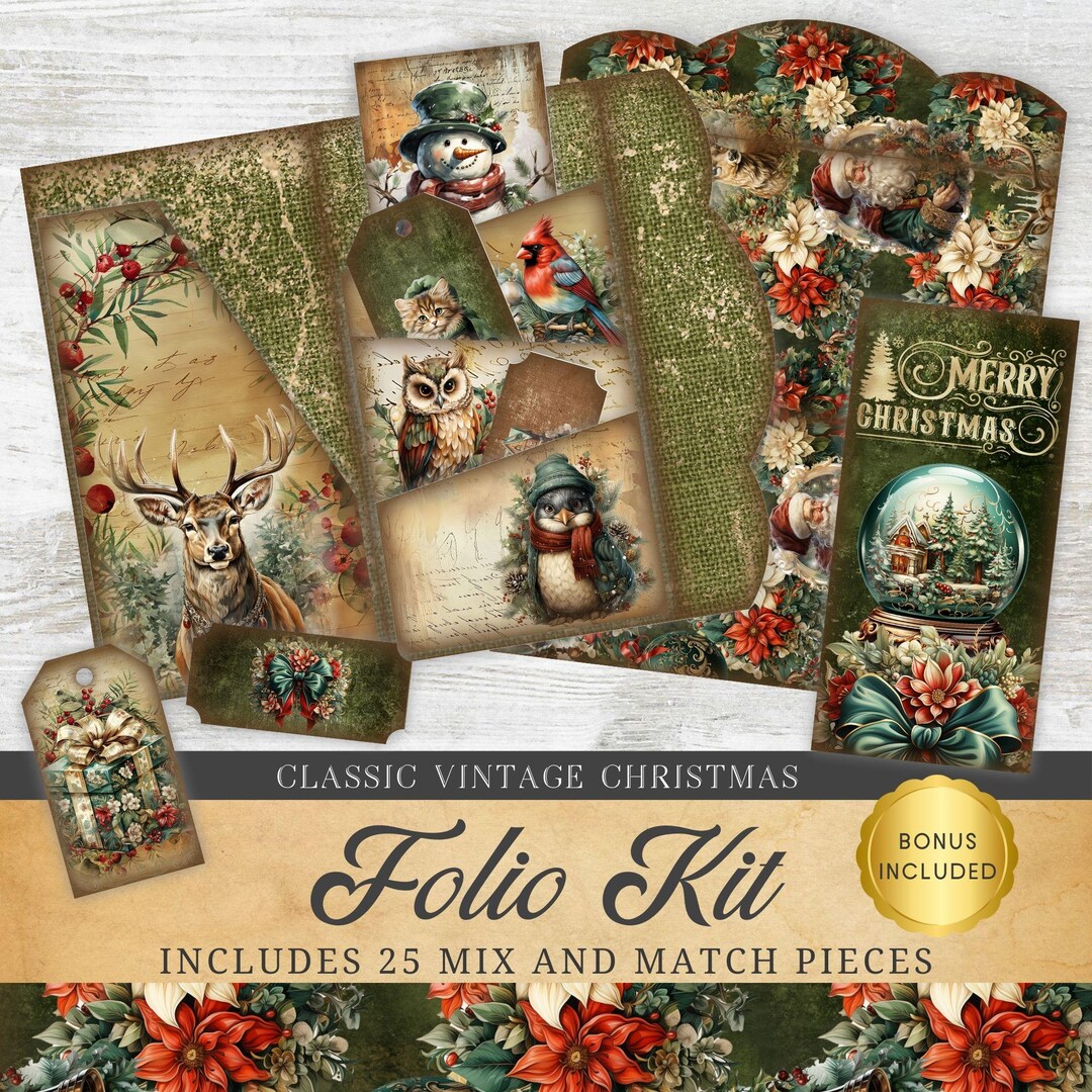 Vintage Christmas Junk Journal Printable Folio Kit Scrapbook Digital ...