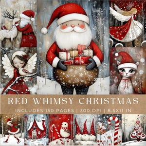Whimsical Red Christmas junk journal pages printable collage ephemera scrapbooking digital paper card-making  XMAS Whimsy quirky Santa