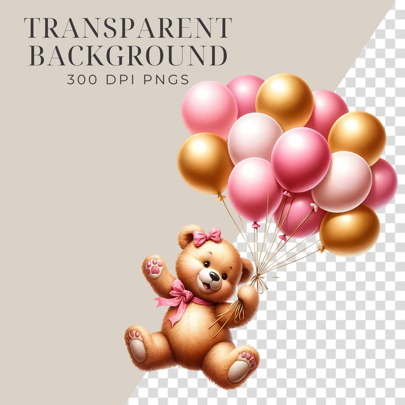 Teddy Bear With Balloons Watercolor Clipart: Baby Shower PNG (digital ...
