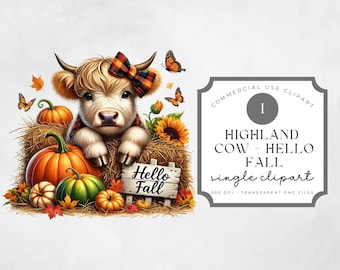 Paquete de imágenes prediseñadas de vaca de las tierras altas de otoño en acuarela, PNG, animalito, calabazas, hojas, manzanas, hola otoño, bufanda a cuadros, naranja, granja, lindo