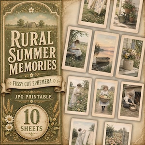 May include: A digital printable ephemera set titled Rural Summer Memories featuring ten sheets of vintage-style photographs. The collection includes images of a person reading, a boat on a lake, a flower vase, gardening, and laundry hanging on a line.