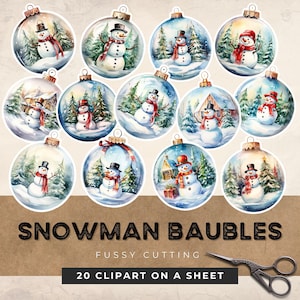 Fussy Cut Snowman baubles ornament Christmas fussy cut sheet, Junk Journal Kit Ephemera, winter, Watercolor fussy cuting, printable stickers