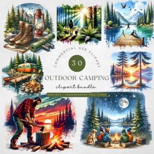 Watercolor Camping Collection Clipart, PNG Mountain Landscape Clipart, Campsite Illustrations, Tent, Campfire, Lake PNG, Outdoor Adventure