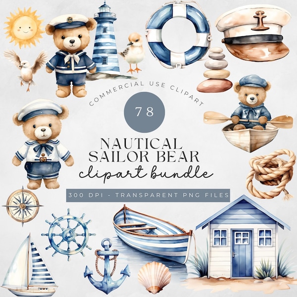 Cute Sailor Teddy Bear Clipart, Nautical Nursery Clipart, Under Sea PNG, Baby Bear, Beach PNG, Ocean Clipart, Sea Life, Birthday Baby Shower