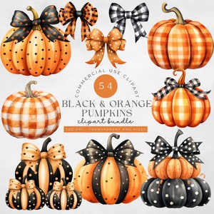 Bundle de clipart citrouille automne automne, PNG, art rustique à l'aquarelle de Thanksgiving, graphique Halloween, conception par sublimation, plaid, noeud coquette