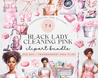 74 Housekeeping Black Lady Clipart Bundle |  Watercolor Cleaning Supplies | Spring Cleaning | Laundry | Cleaning Service | Pink Clean PNG