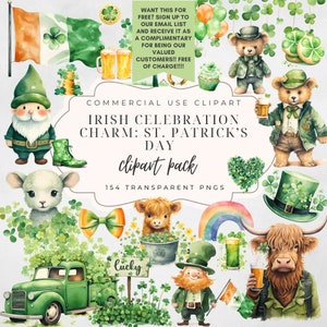 154 mignons cliparts pour la Saint-Patrick | Clipart aquarelle | Lutin | trèfle à 4 feuilles | Pot d'or arc-en-ciel | Charme irlandais | PNG