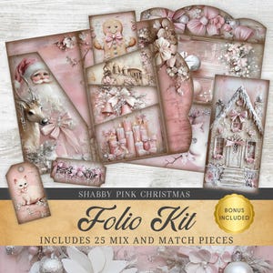 Shabby chic pink Christmas Junk Journal pocket folio pastel bows grunge trifold pocket ephemera printable paper scrapbook kit JPG