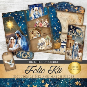 Kit de folio del nacimiento de Cristo para diario basura, bolsillo plegable, papel digital navideño, manualidades, natividad, álbum de recortes, imprimible, tríptico, efímero