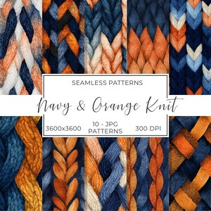 May include: A selection of navy blue and orange knit patterns. The image showcases different textures and designs, such as braided and cable knit. The text reads "Navy & Orange Knit" and "Seamless Patterns".